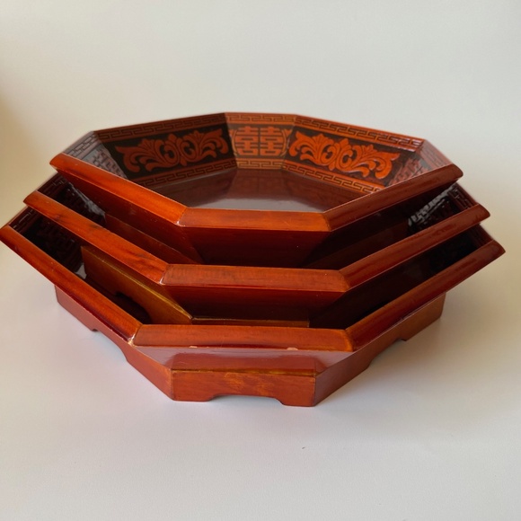 Korean Wooden Lacquer Serving Bowls Set of 3 Octagon Shaped Stackable Vintage - Picture 6 of 9